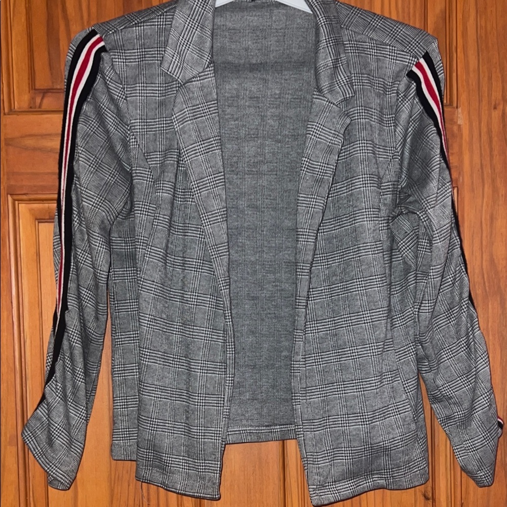 Fashion Nova Gray Plaid Blazer with Black, White & Red Sleeve Stripes